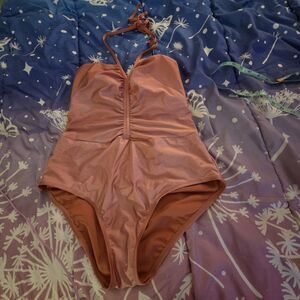 Freshwater XLUC One Piece Swimsuit Terracotta Shine Ruched Halter Metallic